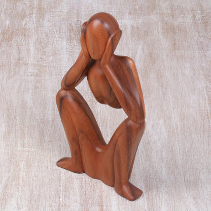 Boredom Natural Suar Wood Sculpture of Bored Figure