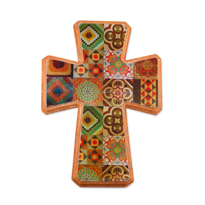 Puebla Heritage Handcrafted Decoupage Wall Cross with Puebla Tile Motifs