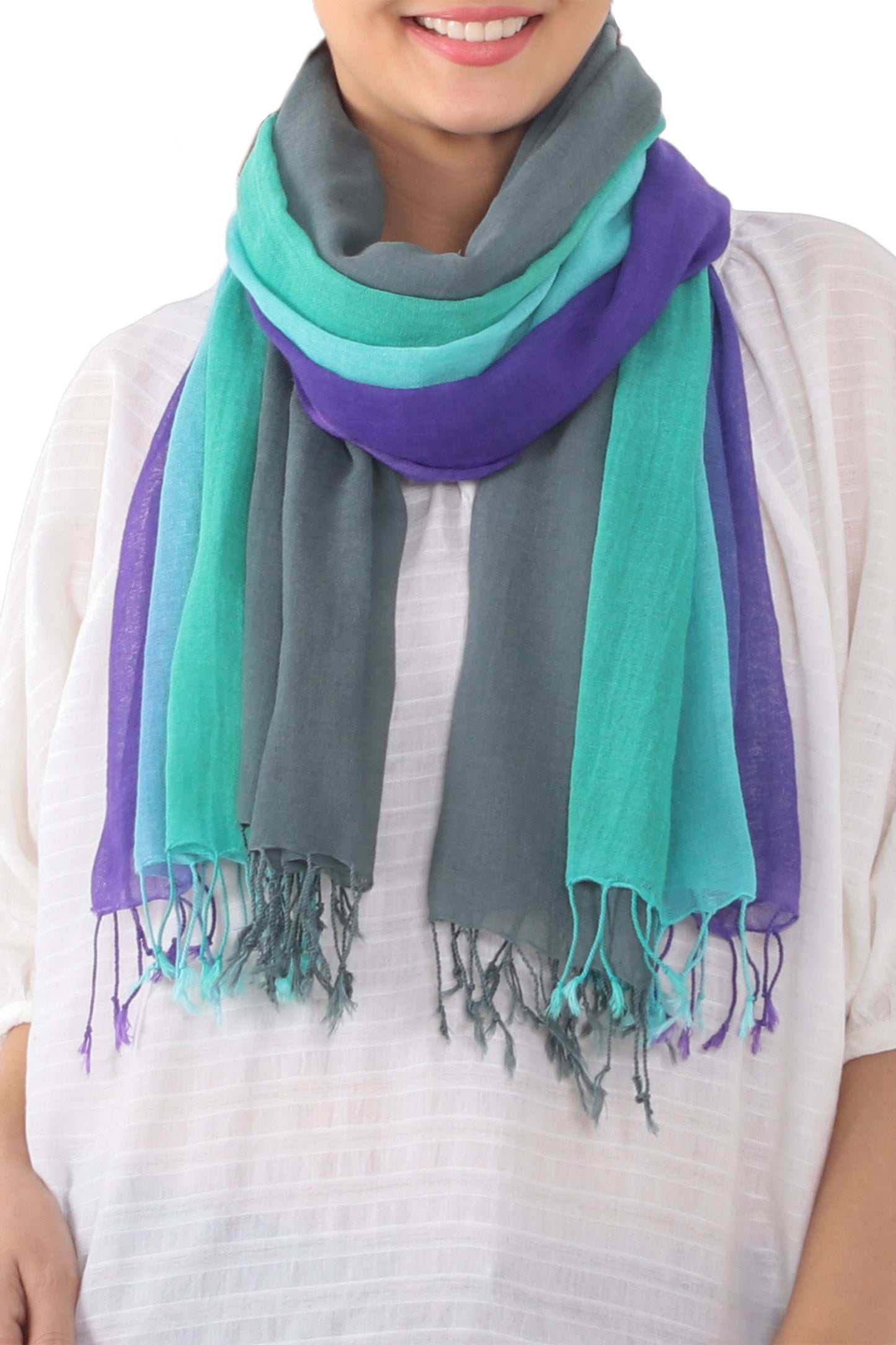 Meadow Breeze Fringed Striped Cotton Wrap Scarves from Thailand (Pair)