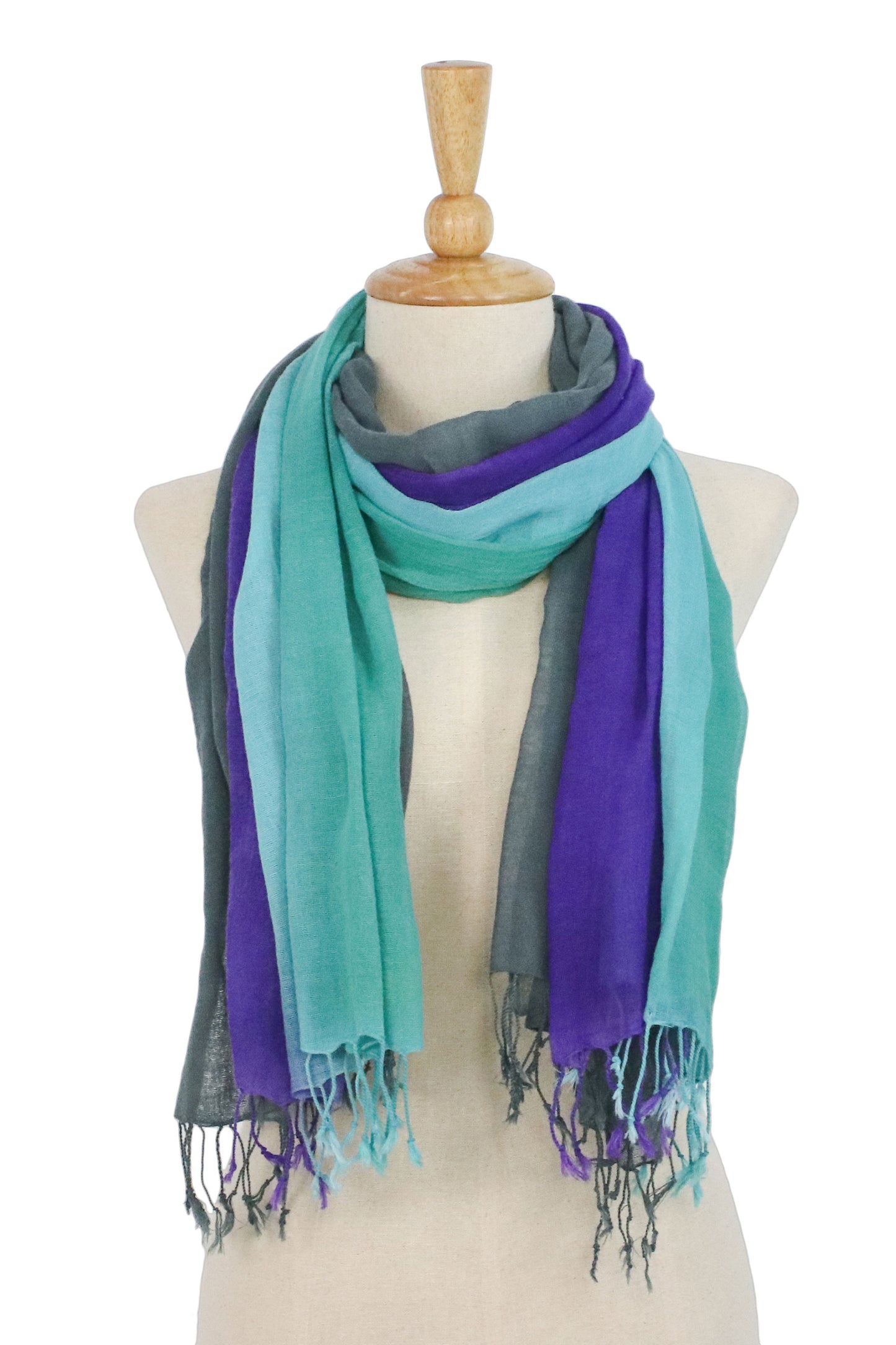 Meadow Breeze Fringed Striped Cotton Wrap Scarves from Thailand (Pair)