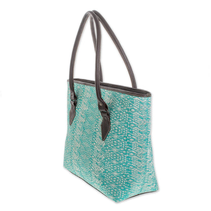 Guatemalan Ikat Guatemalan Leather Accent Cotton Shoulder Bag in Turquoise