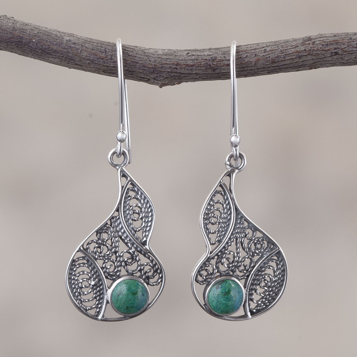 Mystical Andes Chrysocolla and Silver Filigree Dangle Earrings from Peru