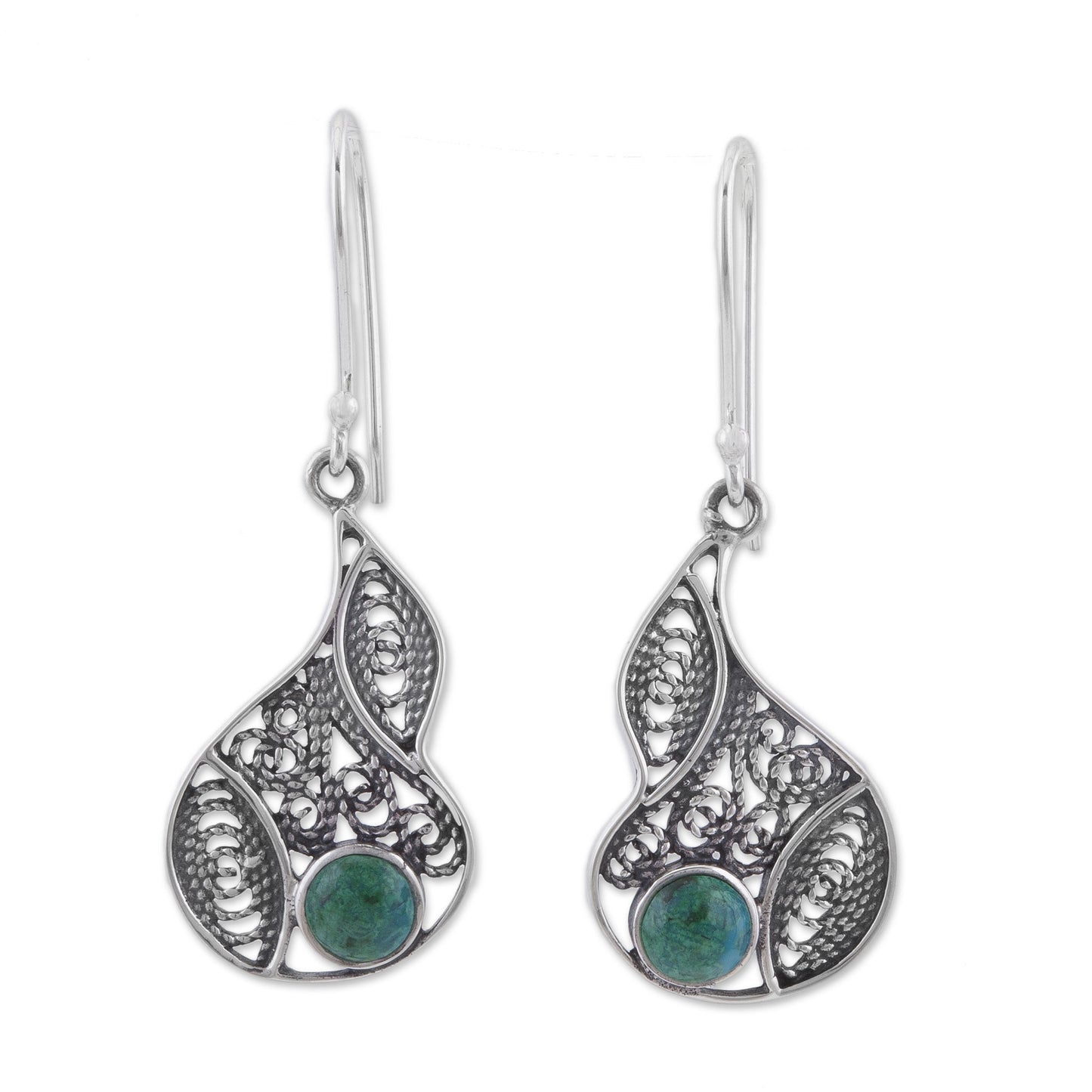 Mystical Andes Chrysocolla and Silver Filigree Dangle Earrings from Peru