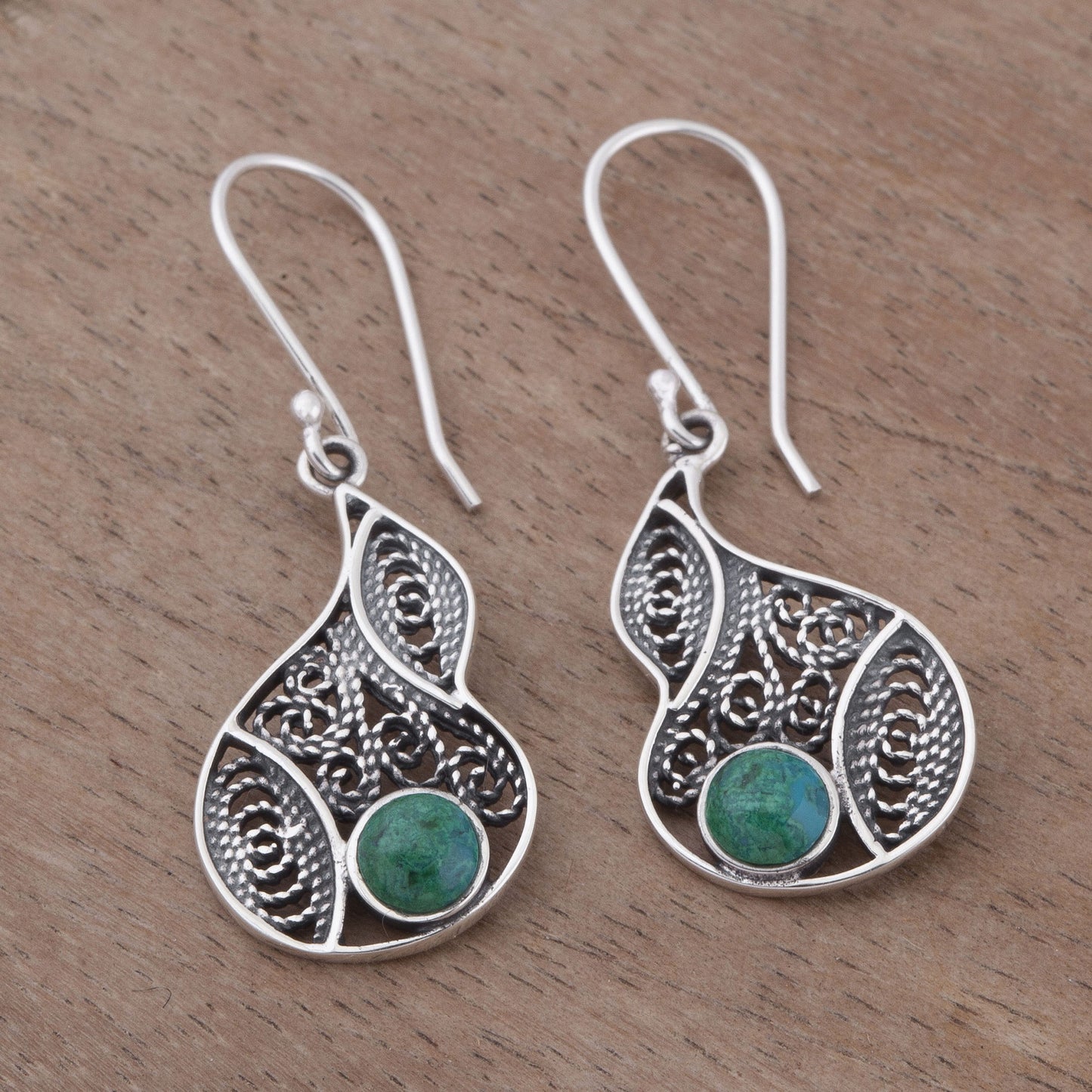 Mystical Andes Chrysocolla and Silver Filigree Dangle Earrings from Peru