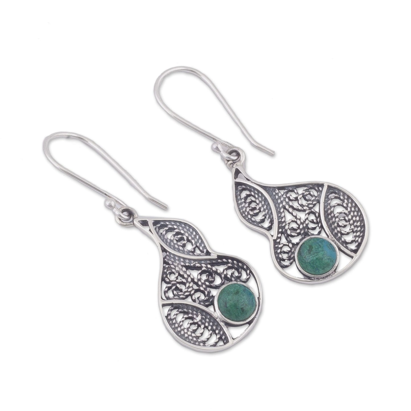 Mystical Andes Chrysocolla and Silver Filigree Dangle Earrings from Peru