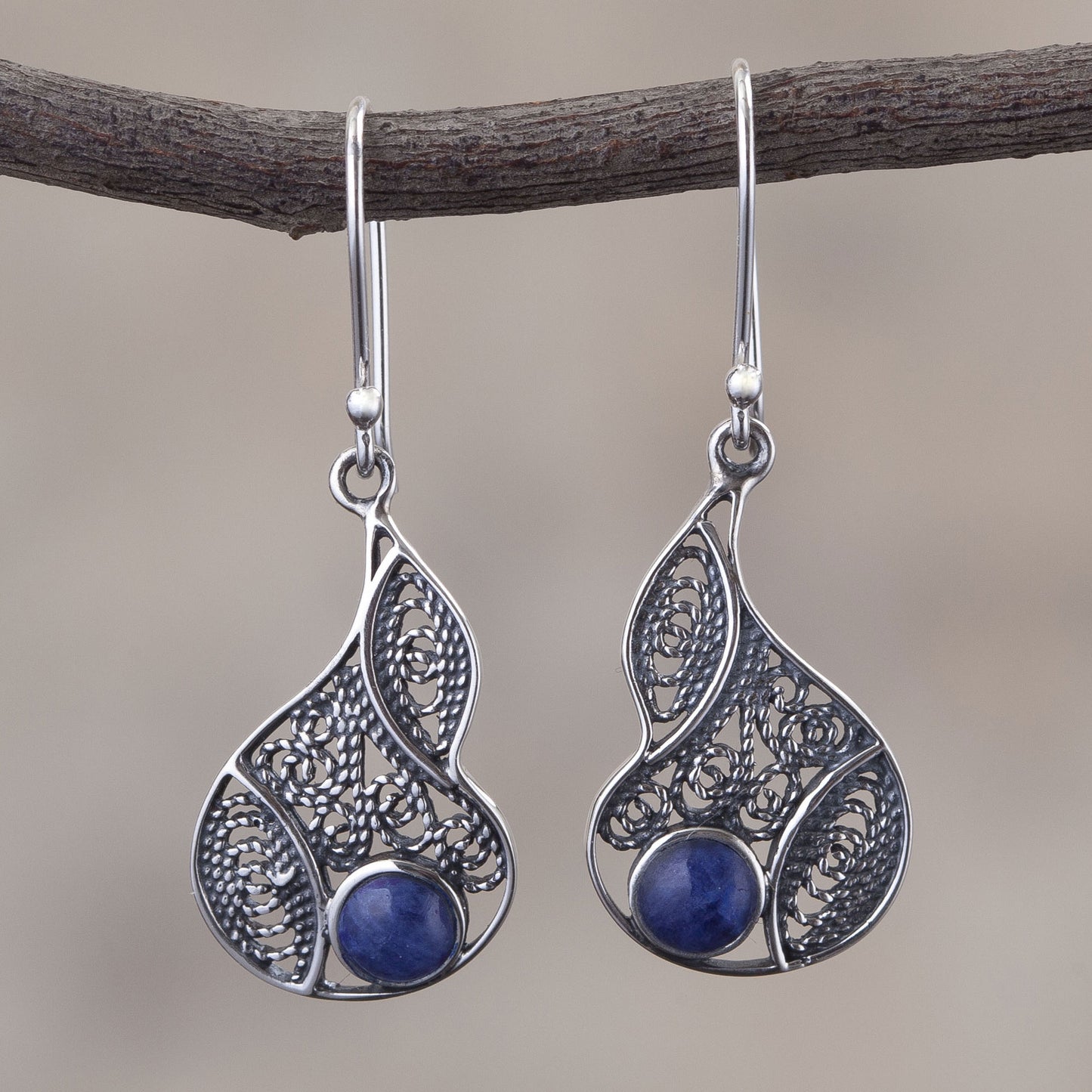 Mystical Andes Sodalite and Silver Filigree Dangle Earrings from Peru