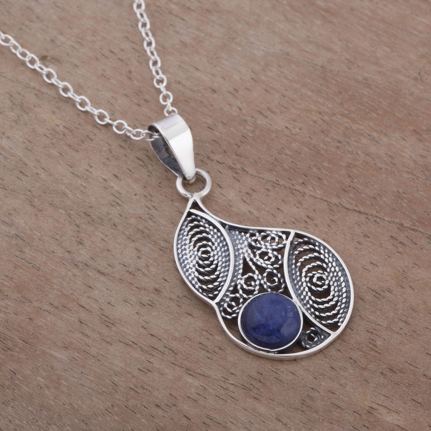 Mystical Andes Sodalite and Silver Filigree Pendant Necklace from Peru