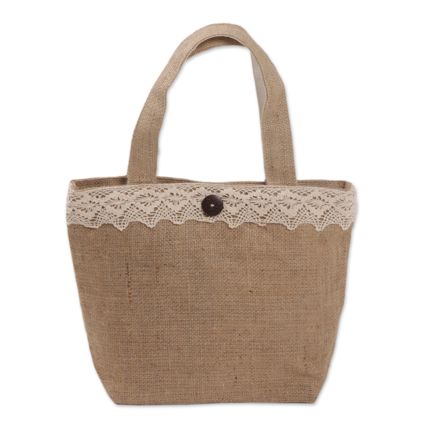 Malioboro Grove Natural Jute Tote Bag with Lace Trim and Coconut Shell