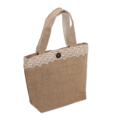 Malioboro Grove Natural Jute Tote Bag with Lace Trim and Coconut Shell