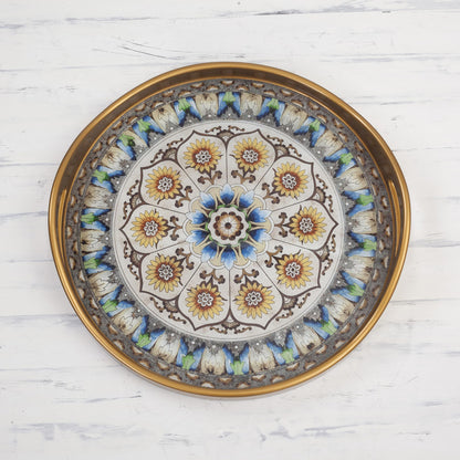 Blue Andean Mandala Andean Sunflower Theme Reverse-Painted Glass Tray