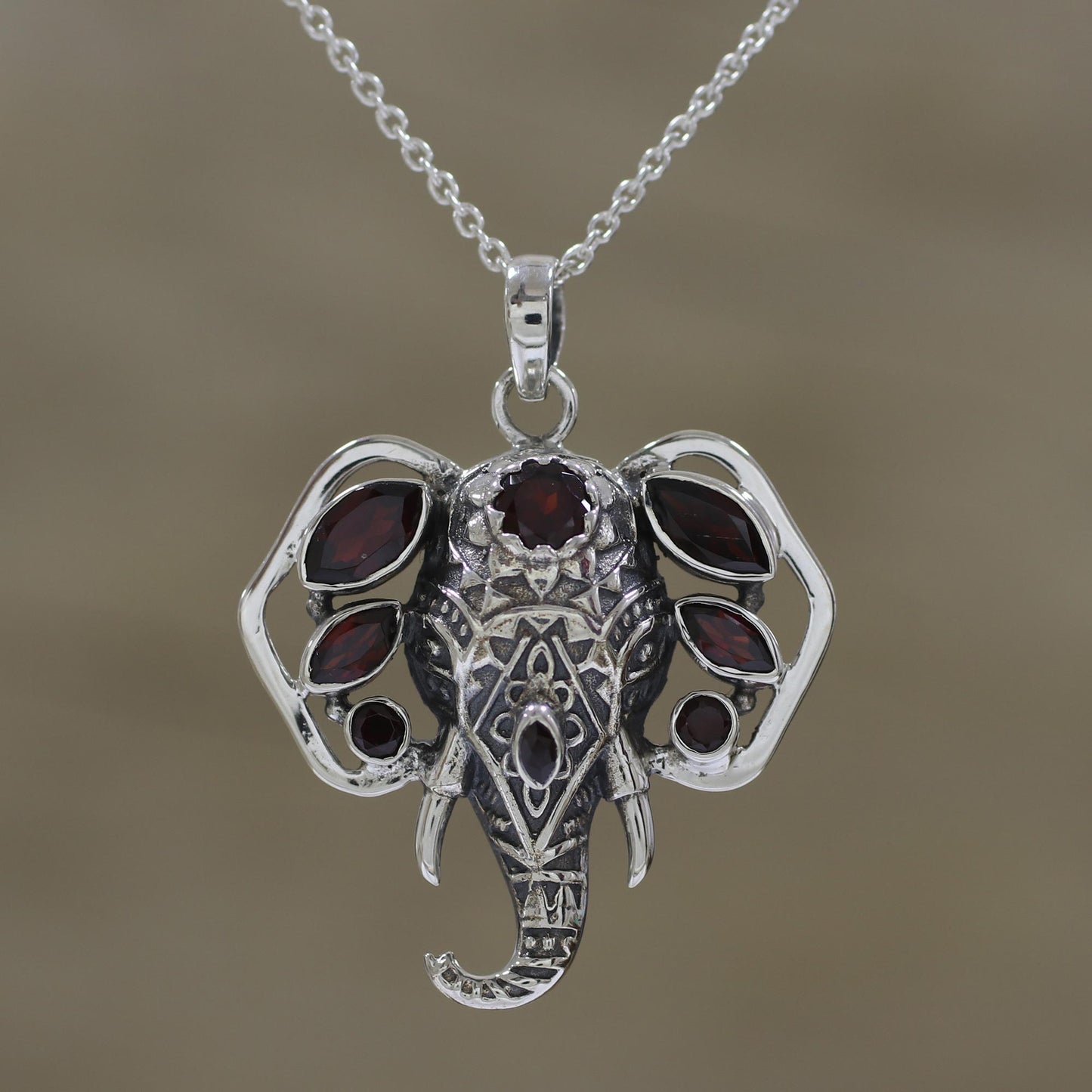 Radiant Ganesha Garnet and Silver Ganesha Pendant Necklace from India