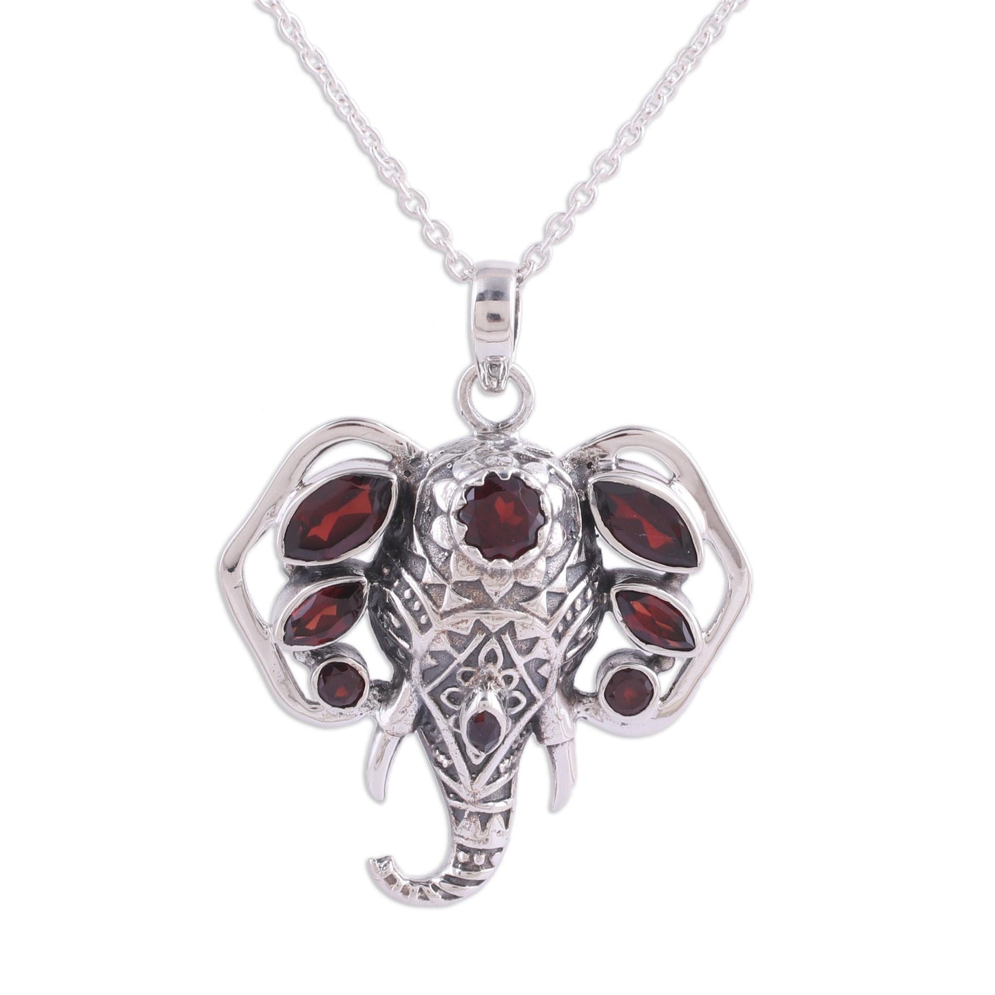 Radiant Ganesha Garnet and Silver Ganesha Pendant Necklace from India