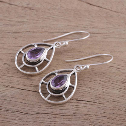 Droplet Spokes Faceted Amethyst Droplet Dangle Earrings from India