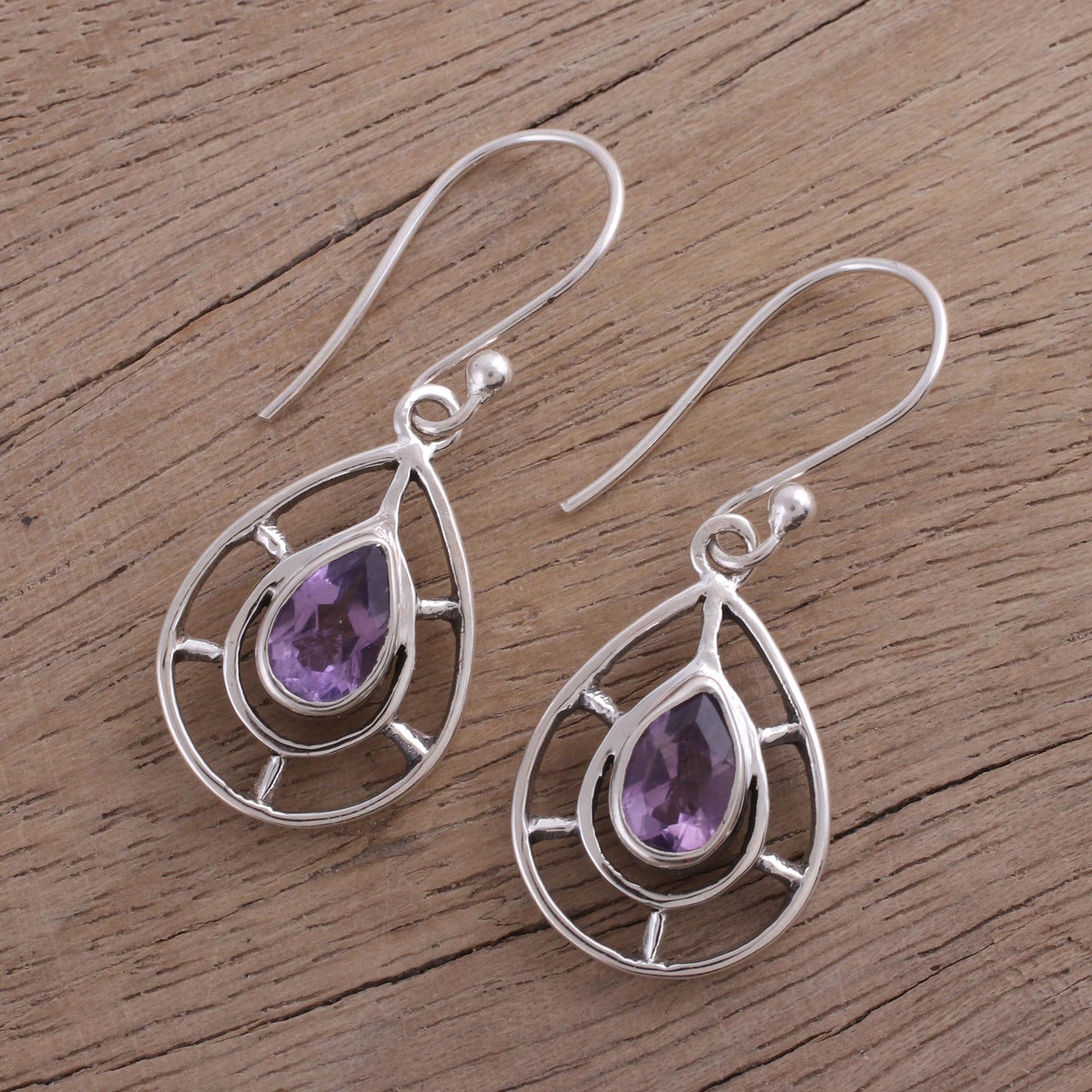 Droplet Spokes Faceted Amethyst Droplet Dangle Earrings from India