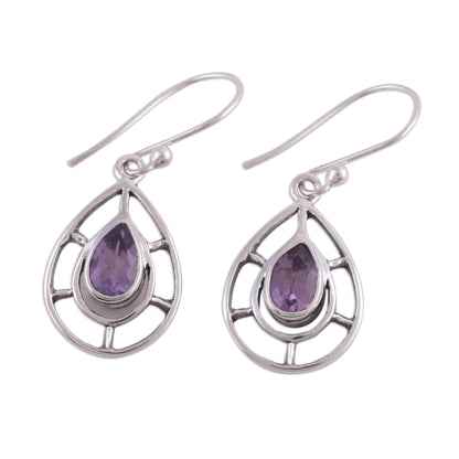 Droplet Spokes Faceted Amethyst Droplet Dangle Earrings from India