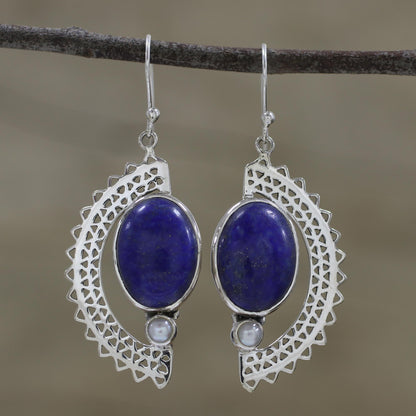 Sun Ray Crescents Lapis Lazuli and Pearl Crescent Dangle Earrings from India