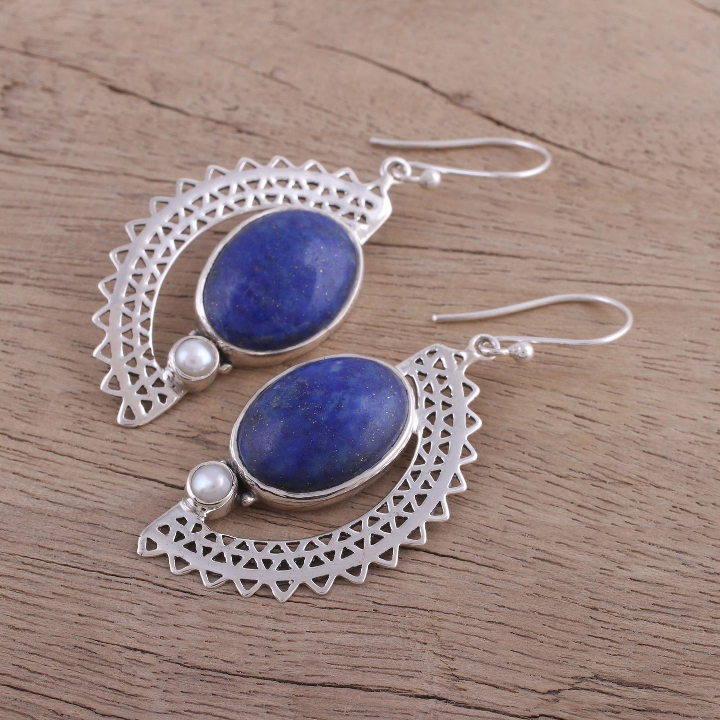 Sun Ray Crescents Lapis Lazuli and Pearl Crescent Dangle Earrings from India