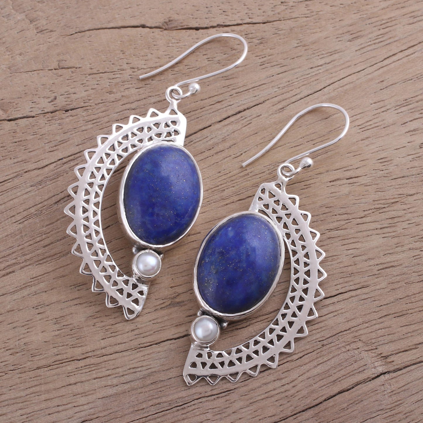 Sun Ray Crescents Lapis Lazuli and Pearl Crescent Dangle Earrings from India