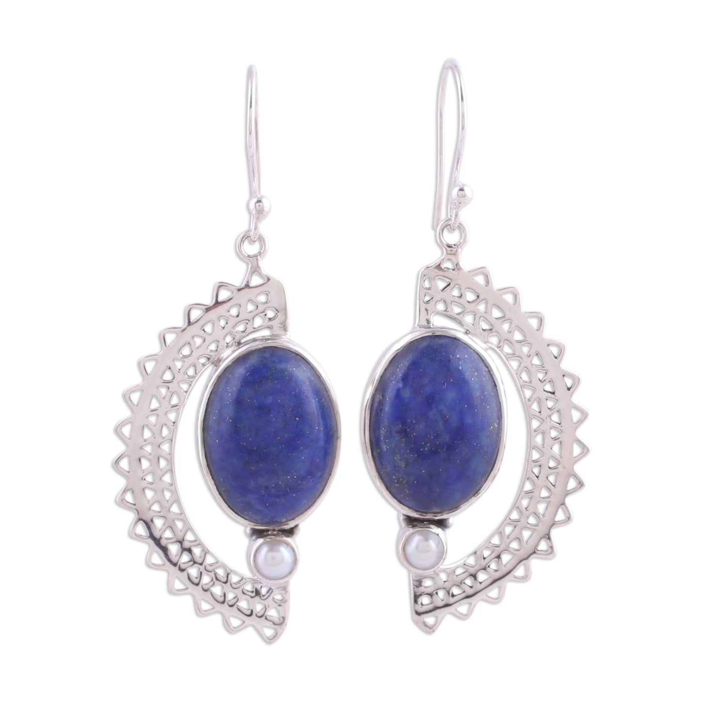 Sun Ray Crescents Lapis Lazuli and Pearl Crescent Dangle Earrings from India