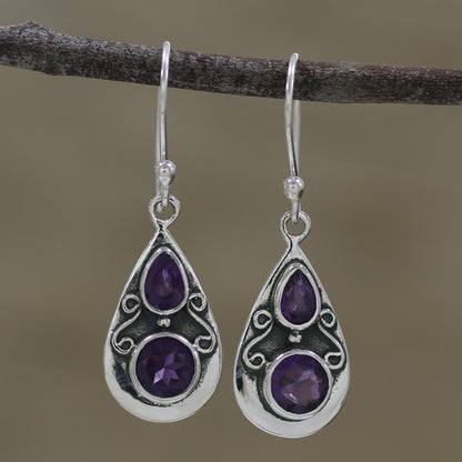 Complex Drops Drop-Shaped Amethyst Dangle Earrings from India