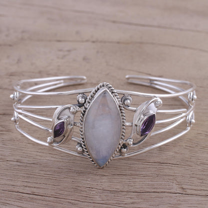 Feminine Glow Rainbow Moonstone and Amethyst Cuff Bracelet from India