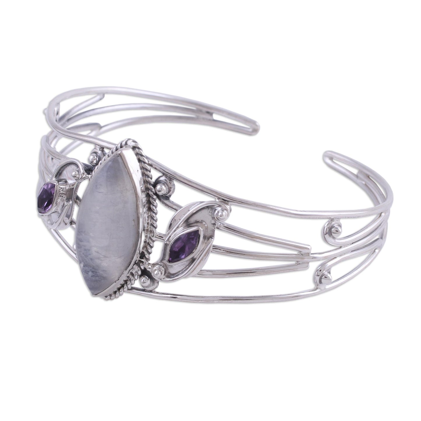 Feminine Glow Rainbow Moonstone and Amethyst Cuff Bracelet from India