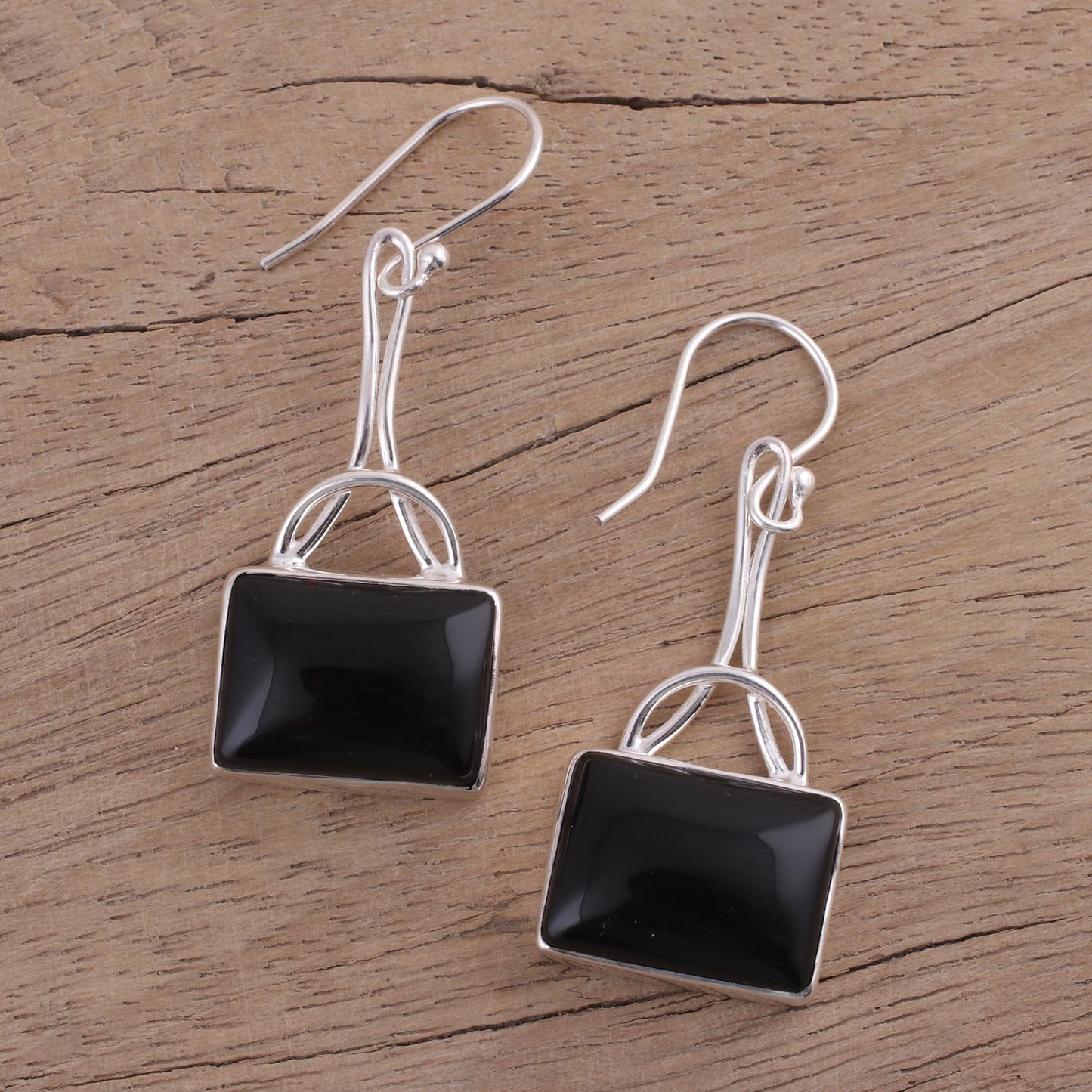 Mystical Gaze in Black Black Onyx Rectangular Dangle Earrings from India