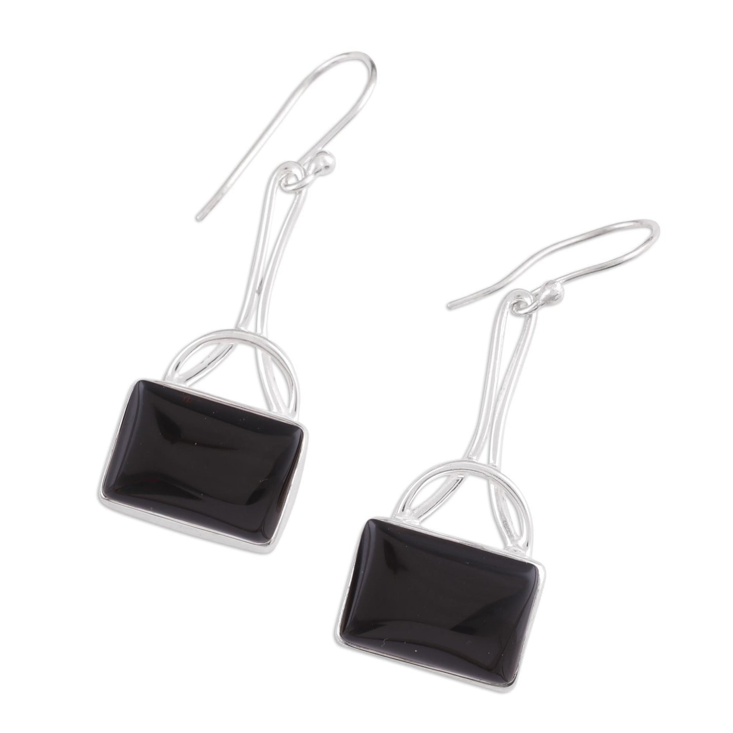 Mystical Gaze in Black Black Onyx Rectangular Dangle Earrings from India