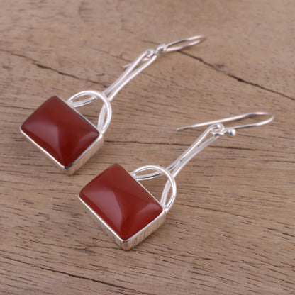 Mystical Gaze in Scarlet Onyx Rectangular Dangle Earrings from India