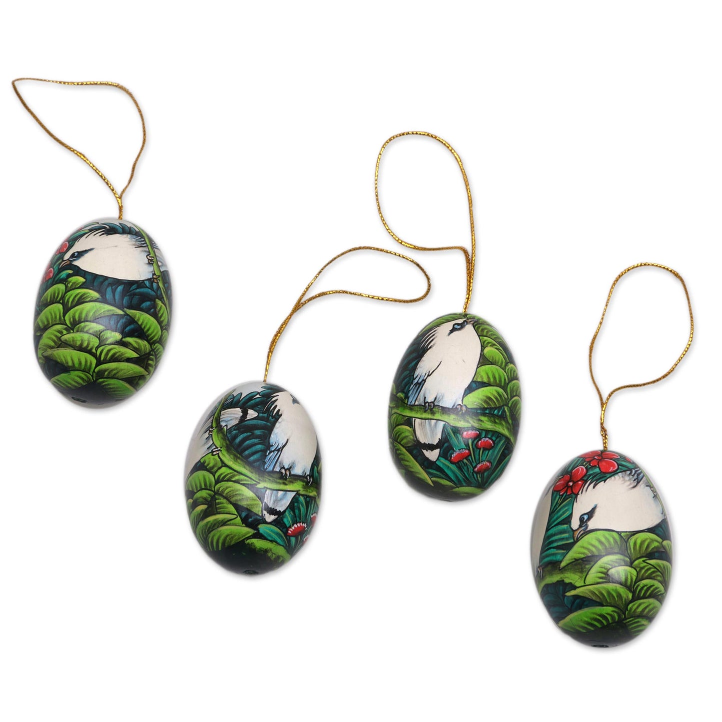 Jalak Forest Hand-Painted Ornaments of Jalak Birds from Bali (Set of 4)