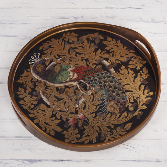 Mystic Peacock Reverse-Painted Glass Peacock Tray from Peru