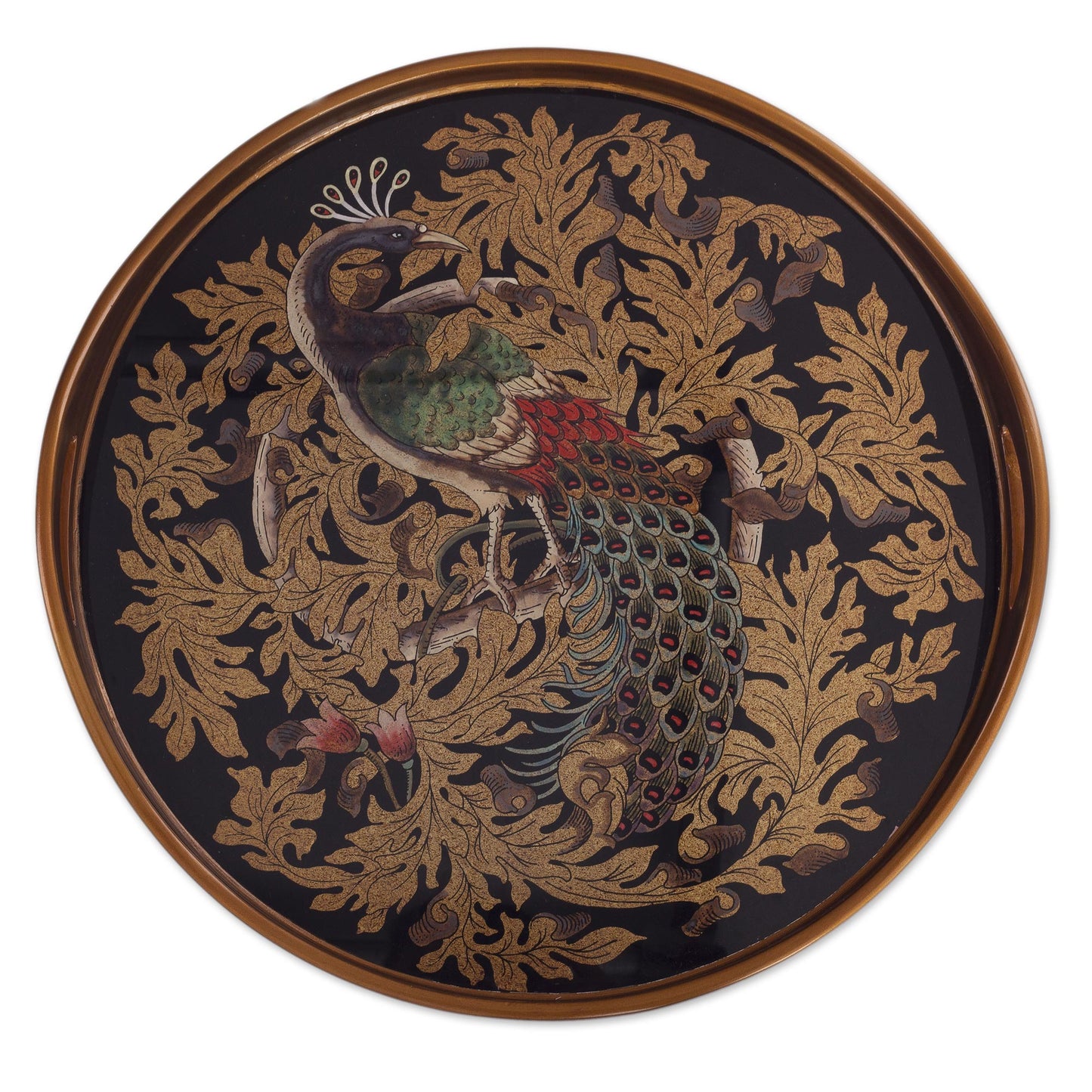Mystic Peacock Reverse-Painted Glass Peacock Tray from Peru