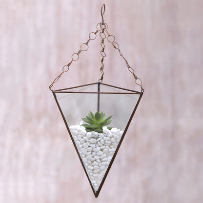 Eden Pyramid Glass and Brass 18 Inch Hanging Terrarium from Java