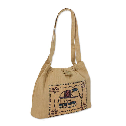 Chic Elephant Cotton Shoulder Bag with Elephant Prints from Thailand