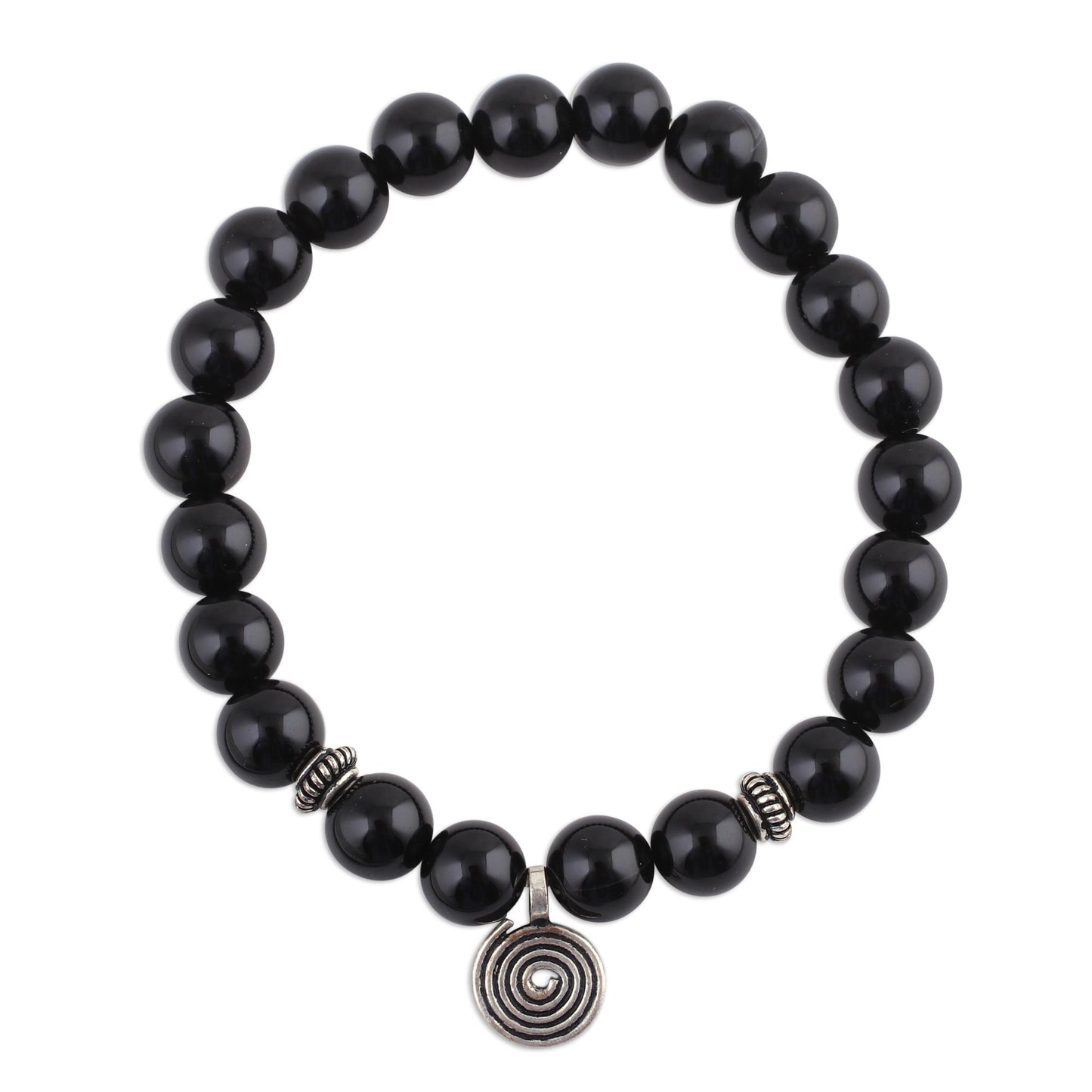 Midnight Swirl Onyx and Silver Beaded Stretch Bracelet from India