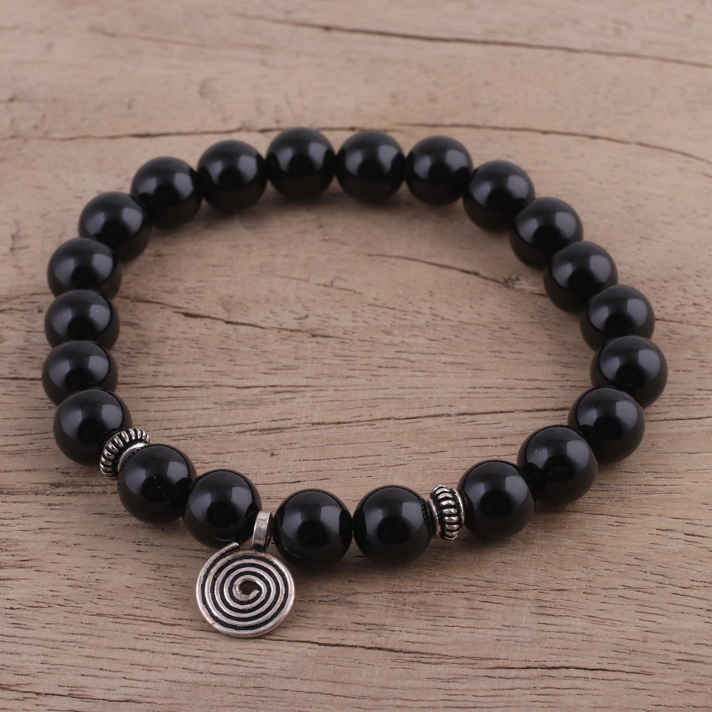 Midnight Swirl Onyx and Silver Beaded Stretch Bracelet from India