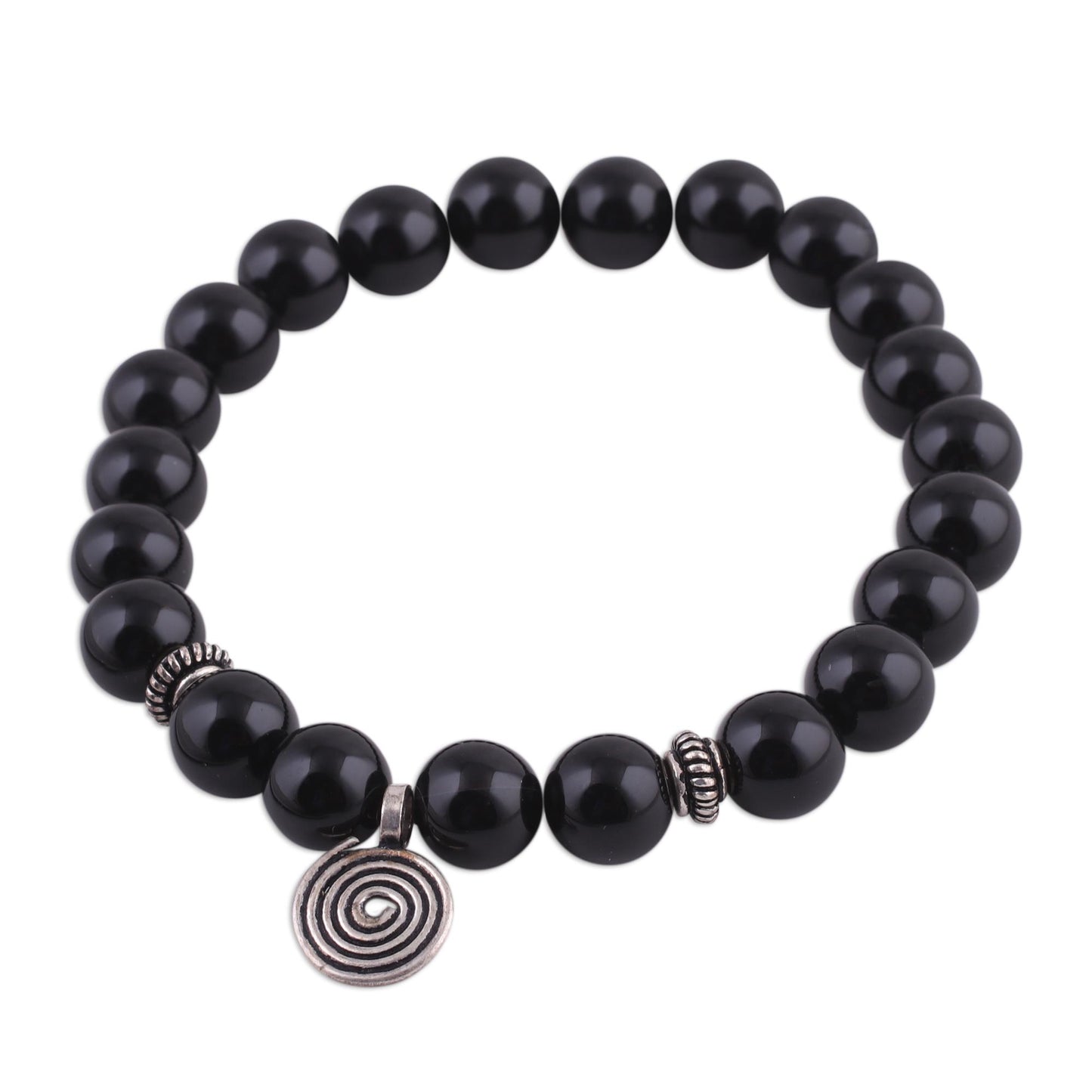 Midnight Swirl Onyx and Silver Beaded Stretch Bracelet from India