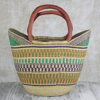 Supper Basket Hand Woven Raffia Natural Fiber Tote with Leather Strap