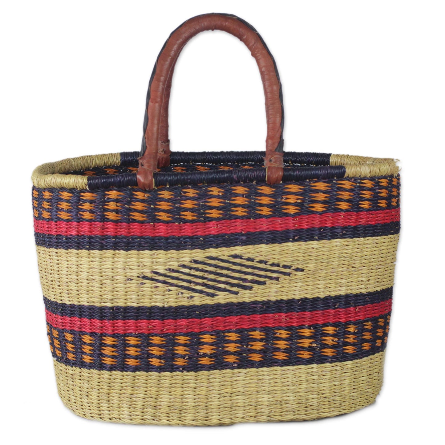 Kite Basket Hand Woven Raffia Natural Fiber Tote with Leather Strap