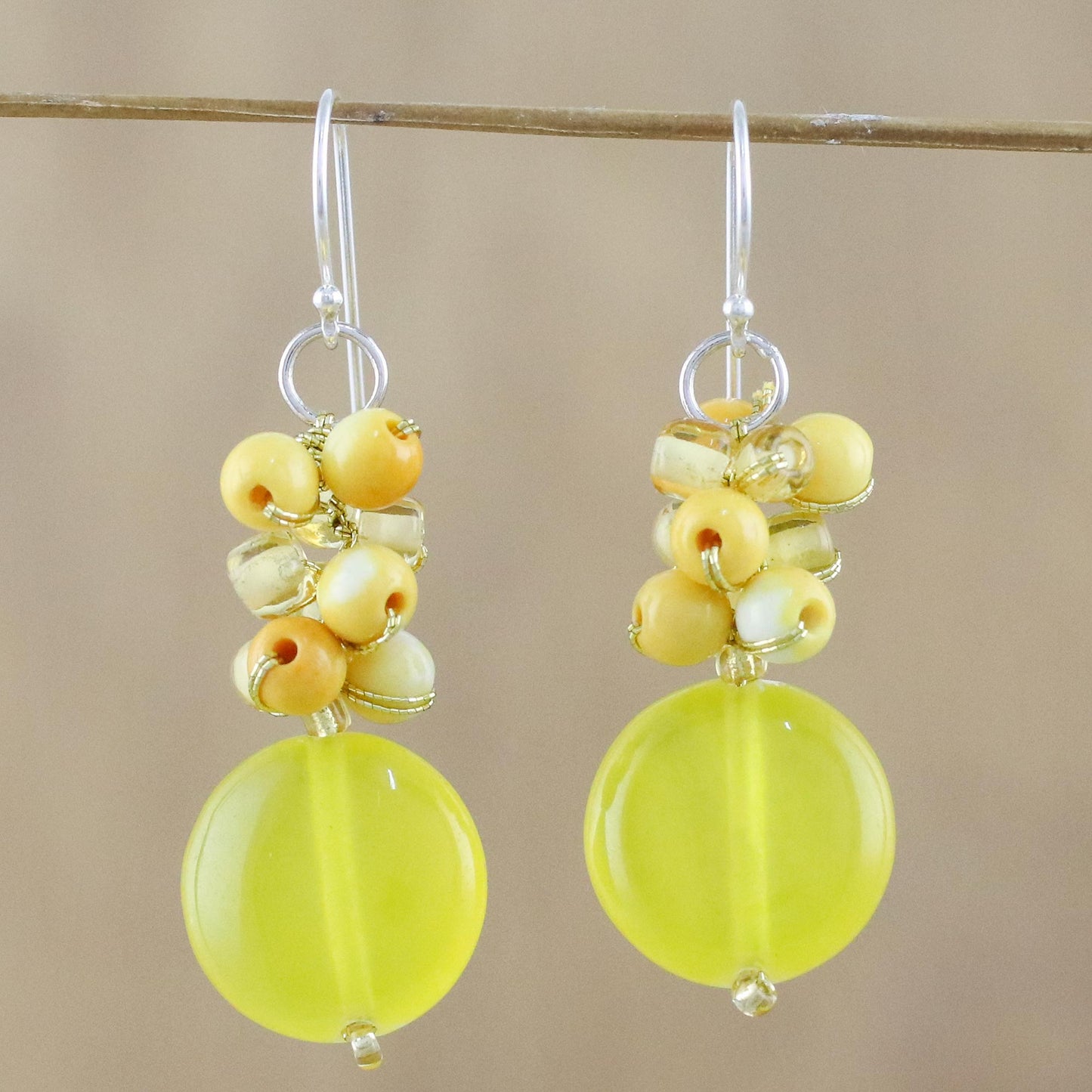 Fun Circles in Yellow Quartz and Glass Bead Dangle Earrings from Thailand