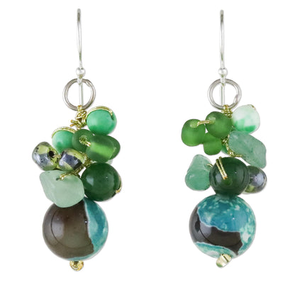 Lovely Blend in Green Green Quartz and Glass Bead Dangle Earrings from Thailand