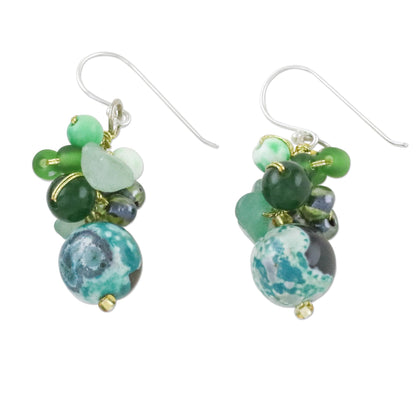 Lovely Blend in Green Green Quartz and Glass Bead Dangle Earrings from Thailand