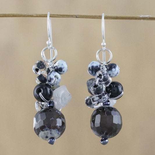 Lovely Blend in Black Quartz & Silver Cluster Earrings