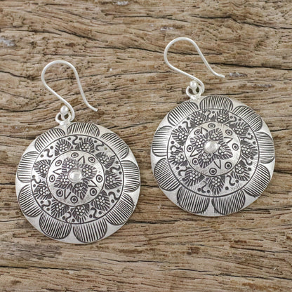 Lanna Welcome Round Floral Motif Earrings in 950 Hill Tribe Silver