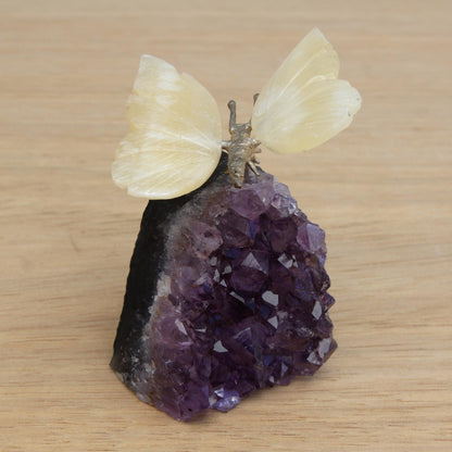 Honeyed Butterfly Gemstone Butterfly Sculpture in Honey Calcite and Amethyst