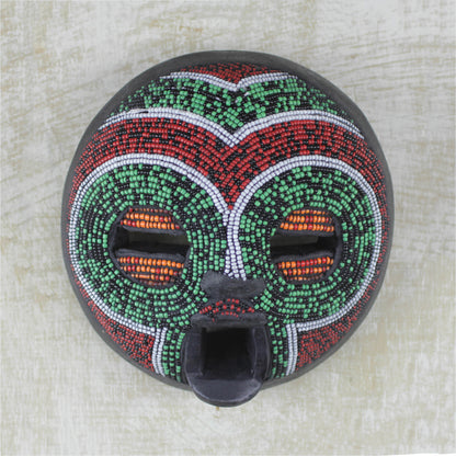 Tired Eyes African Wood Mask Beaded with Recycled Glass from Ghana