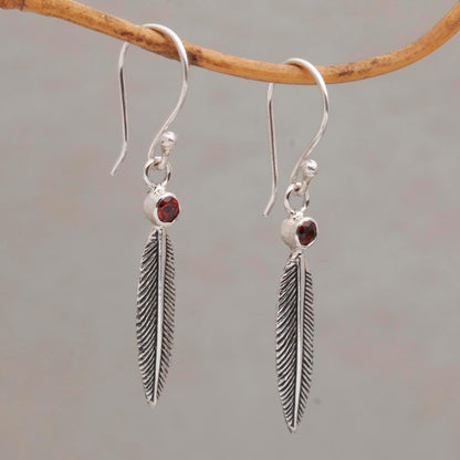 Phoenix Feathers Garnet Feather-Shaped Dangle Earrings from Bali