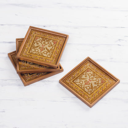 Colonial Gold Four Floral Gold-Tone Reverse Painted Glass Coasters