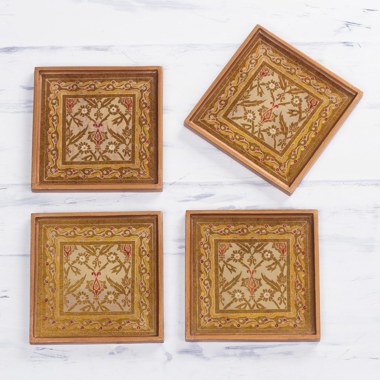 Colonial Gold Four Floral Gold-Tone Reverse Painted Glass Coasters