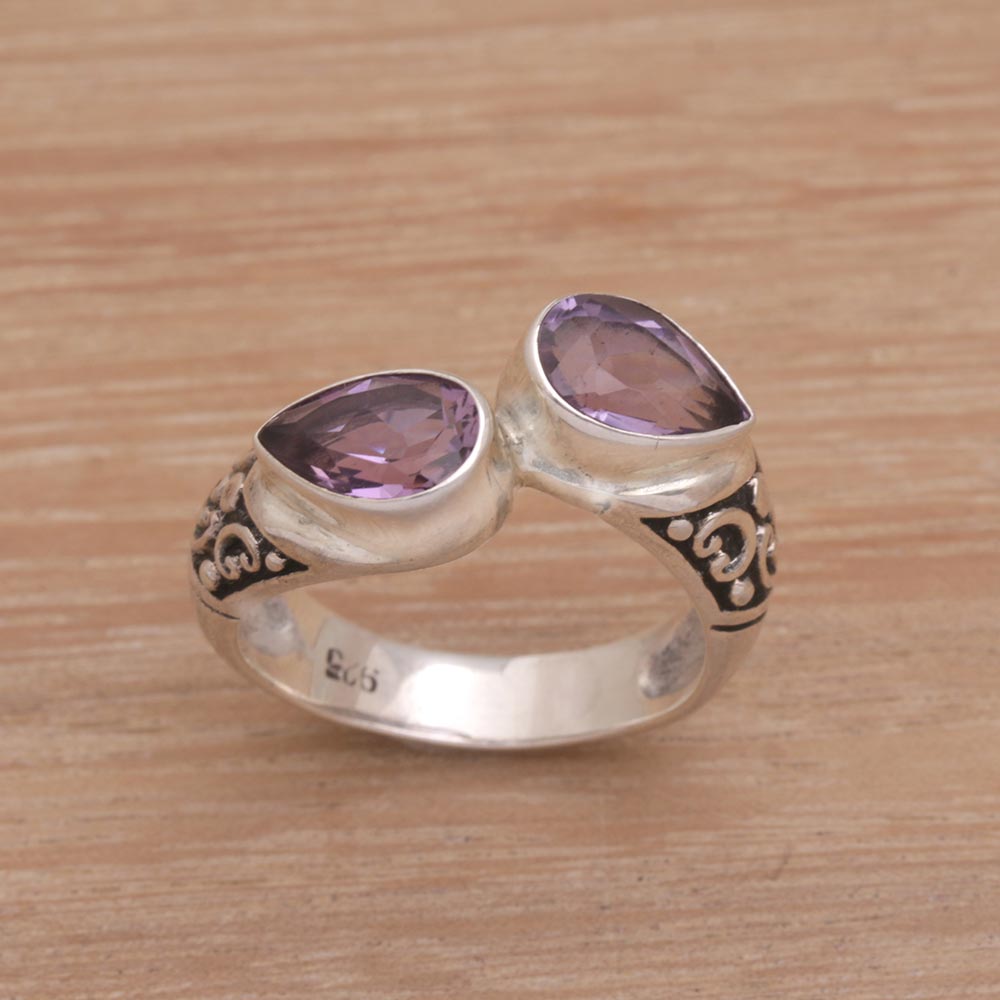 Temple Tears Teardrop Amethyst and Silver Cocktail Ring from Bali